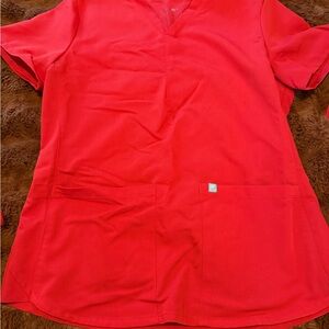 Fabletics Women's Red V-Neck Scrub Top with Dual Front Pockets